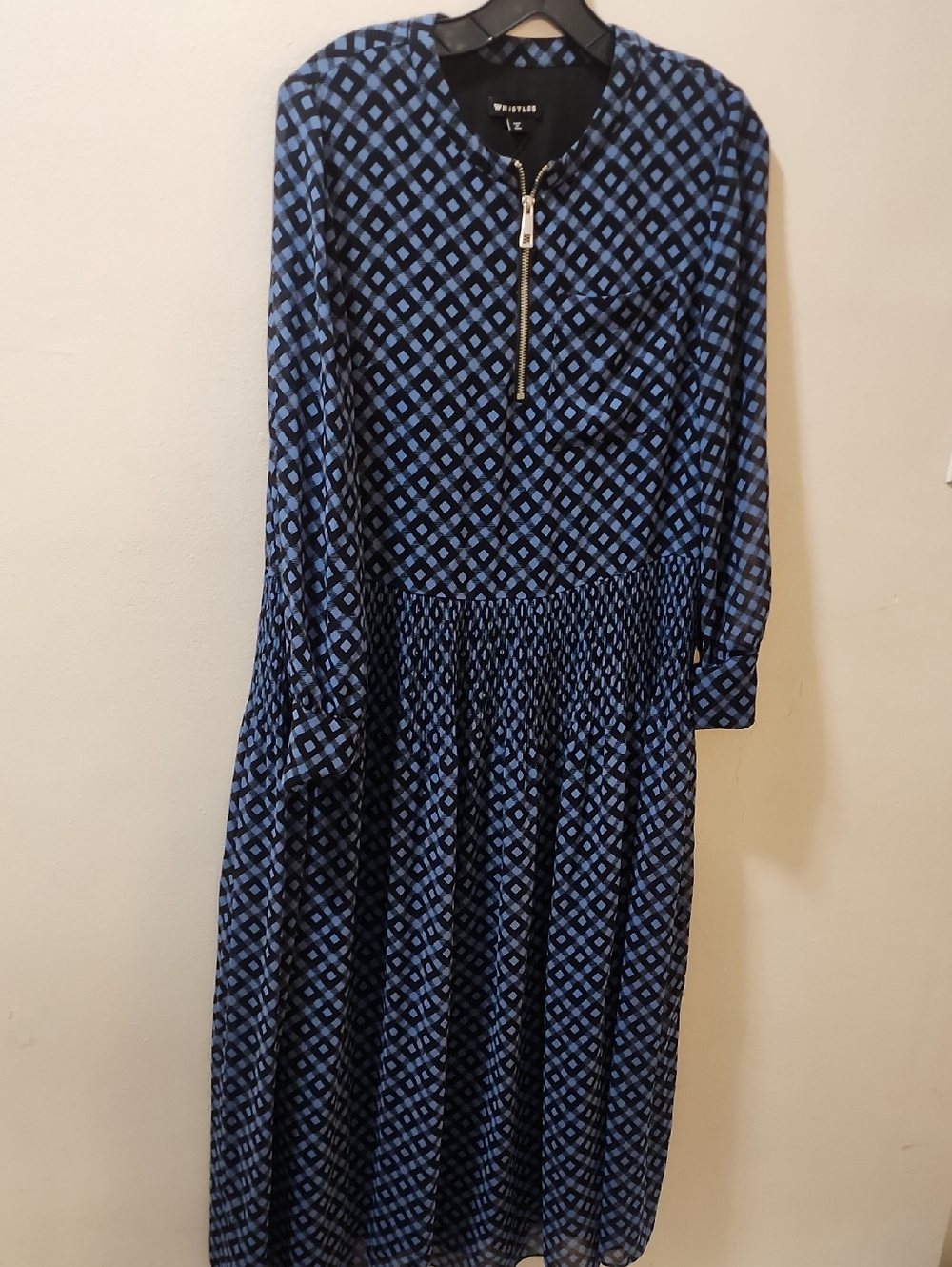 Whistles Blue and Navy Geometric Long Sleeve Midi Dress